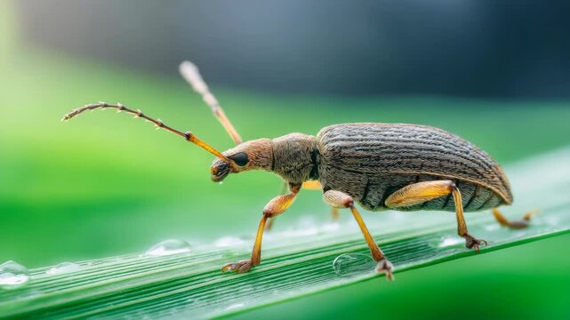 Bug is walking on a leaf. The bug is brown and has a long antennae. The leaf is green and has a wet surface