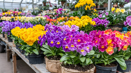 Obraz premium Vibrant floral showcase featuring tropical blooms garden center photography indoor eye-level perspective