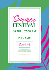 Bright Summer Festival Poster with Abstract Tropical Leaves and Trendy Typography. Creative Concept of Summer Party Template Background. Modern Art Minimalist style Design Banner for Celebration, Ads.