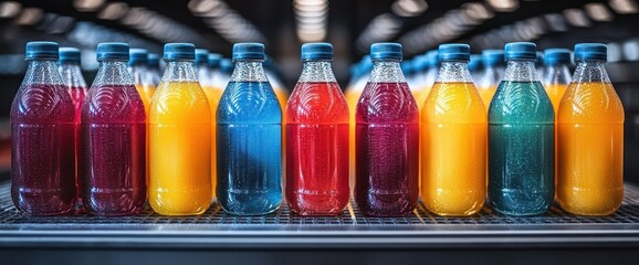 Colorful Beverage Bottles on a Conveyor