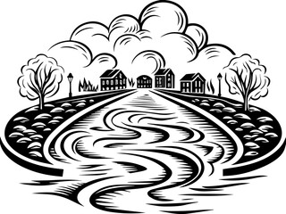 SVG vector of smart green cities powered by clean energy. Serene River Scene with Vintage Houses and Trees Under Clouds