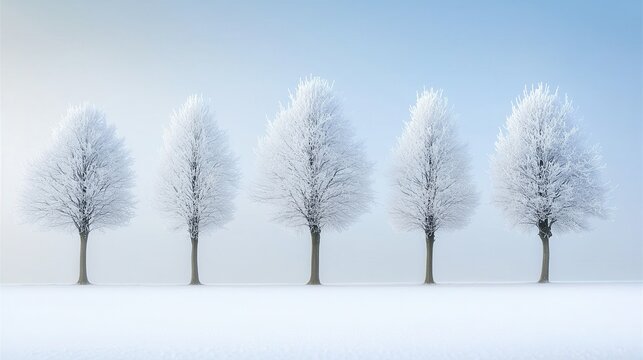 Five frost-covered trees in a snowy field