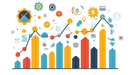 Colorful graphic showing charts, bars, and graphs, illustrating business, success, and growth. Data representation in visual
