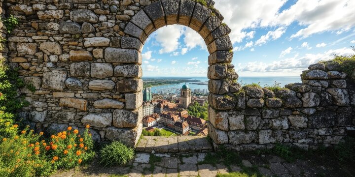 Medieval Swedish Fortress Gate, Summer Harbor View