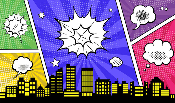 Comic book style cityscape with colorful panels and speech bubbles exploding