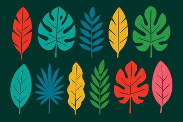 Fototapeta premium Colorful Tropical Leaves Flat Vector Illustration on Dark Green Background