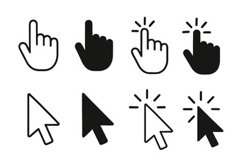 Cursor and Hand Click Icon Set in Black and White