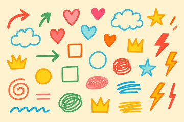 Colorful Hand Drawn Doodle Icons Including Hearts Stars Lightning Crowns and Shapes