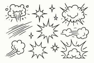 Hand Drawn Comic Explosion and Smoke Doodle Elements Isolated on White