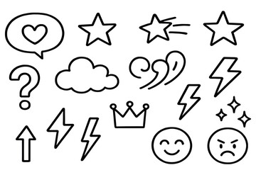 Fototapeta premium Hand Drawn Doodle Icons Set with Stars, Lightning, Speech Bubbles, Faces, and Symbols