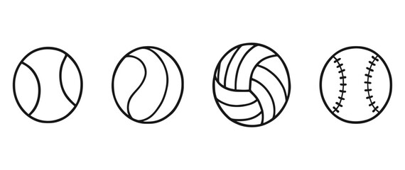 Outline Icons of Tennis Ball, Baseball, Volleyball, and Softball in Row