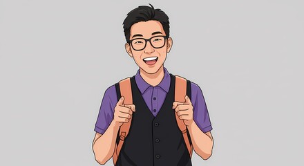 Cartoon illustration of smiling Asian man with glasses, backpack, and upbeat expression, against a light gray background in stylish artwork