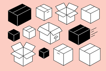 Various Cardboard Boxes and Shipping Packages on Pink Background Illustration