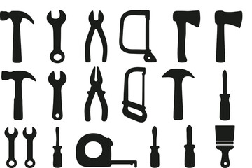 Set of Hand Tool Silhouettes Including Hammer, Wrench, Saw, and Pliers