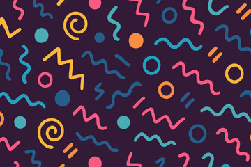 Colorful 1980s Memphis Style Abstract Seamless Pattern with Geometric Shapes