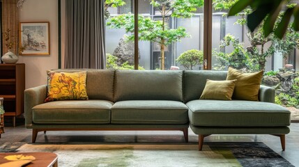 Stylish contemporary sectional sofa with muted tones.