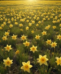 Fototapeta premium Golden daffodil blossoms carpet a sun-drenched meadow , sunny, botany