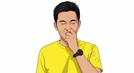 Expressive depiction of an individual reacting adversely to a repugnant smell while wearing a yellow shirt and timepiece