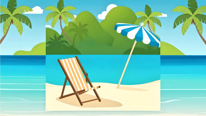 Tropical beach scene with sun, sea, and palm tree