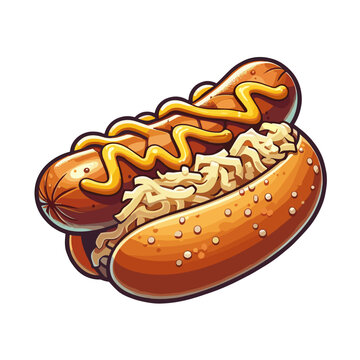 German bratwurst in a bun with mustard and sauerkraut, colored vector on transparent background