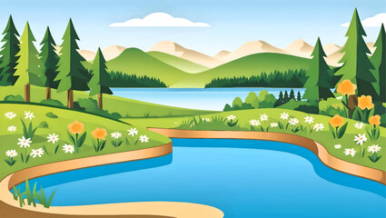 Scenic Landscape with Lake, Mountains, and Trees