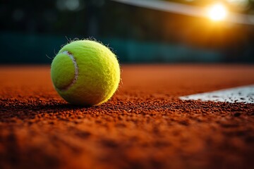 A tennis ball resting near the white line sits on a red clay court