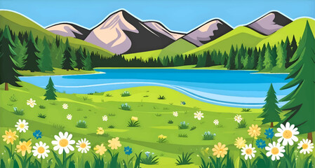 Scenic Mountain Lake Landscape with Flowers and Trees