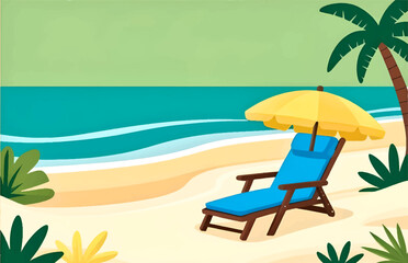 Beach scene with a beach chair, umbrella and palm tree