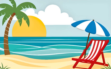 Tropical beach scene with sun, sea, and palm tree