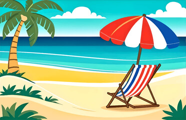 Beach scene with palm tree, chair, and umbrella