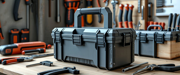 Toolbox with various tools on a wooden workbench in a well organized workshop