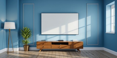 Fototapeta premium Modern TV Room Mockup with Blue Walls and Classic Decor