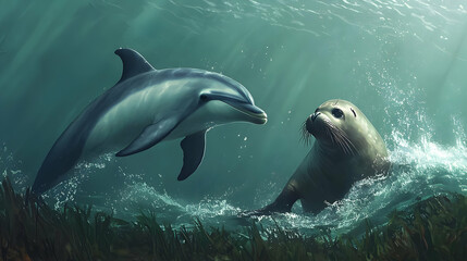 Obraz premium Dolphin And Seal Underwater Encounter
