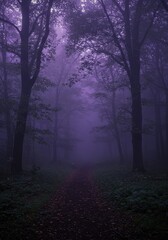 A shadowed forest veiled in eerie purple mist, where unseen creatures lurk in silence.