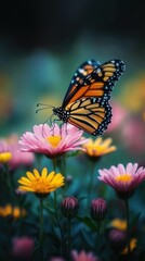 Monarch Butterfly on Pink and Yellow Flowers