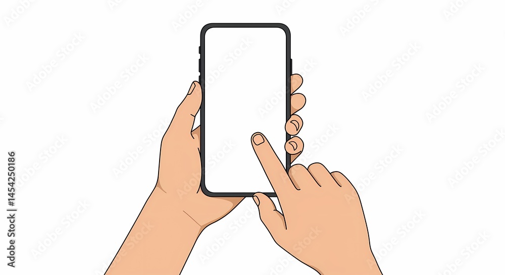 Poster smartphone interface with cartoon hands interacting and tapping on the empty screen, conveying moder