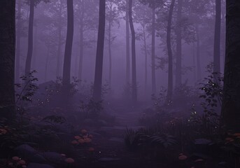 Obraz premium A shadowed forest veiled in eerie purple mist, where unseen creatures lurk in silence.