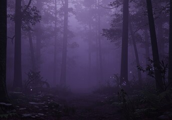 Fototapeta premium A shadowed forest veiled in eerie purple mist, where unseen creatures lurk in silence.