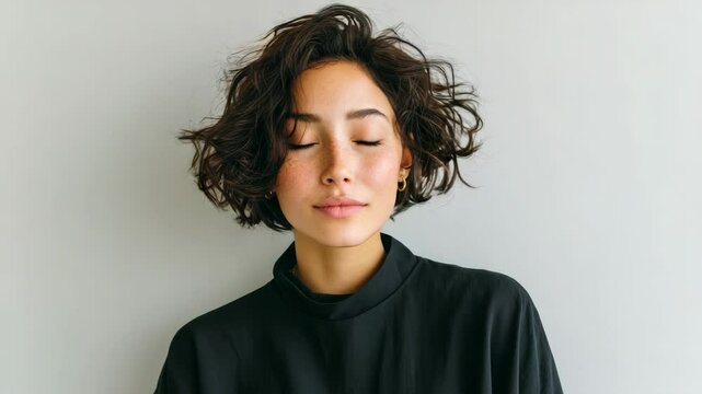 Woman with short hair and a black shirt is smiling. She has a nice, even complexion