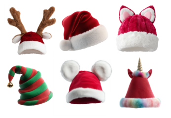 Collection of six festive Christmas hats with animal ears, unicorn horn, elf bell, and Santa designs, isolated on transparent background, ideal for holiday decoration, retail, or kids content