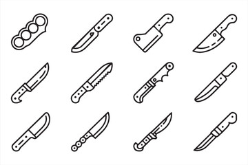 Set of Various Kitchen Knives in Black Outline, Different Knife Types and Styles