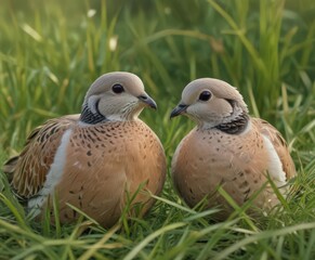 Intimate close-up of two European turtle doves amid blades of grass ,  beak,  wings,  turtle dove