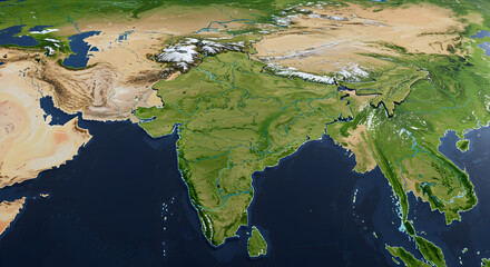 Detailed aerial view of the Indian subcontinent landscape and climate zones