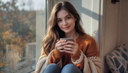 A young woman in a burnt-orange sweater holds a ceramic mug while sitting on a windowsill wrapped in a knitted blanket, with soft morning sunlight and blurred autumn leaves outside.