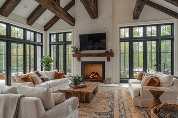 
Spacious living room with vaulted ceiling, fireplace, TV, black steel windows, and open concept design with brick accents