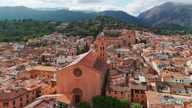 Aerial view of the picturesque town of Pollensa in Mallorca, Spain.