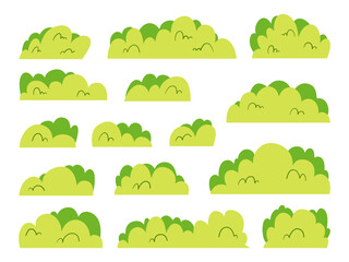 Cartoon Style Hand Drawn Bushes Foliage. A playful collection of 15 cartoon style bushes featuring layered leaves curves soft shapes and more. Perfect for scenes nature decor and whimsical backgrounds