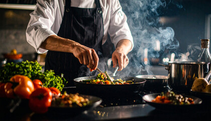 Professional chef preparing a dish with fresh vegetables in a hot skillet, surrounded by ingredients in a modern restaurant kitchen
