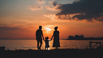 Obraz premium silhouette of family with child, holding hands at sunset by the sea