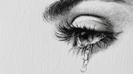 Obraz premium A black and white drawing of the side profile of a face with long eyelashes and a tear falling from the eye
